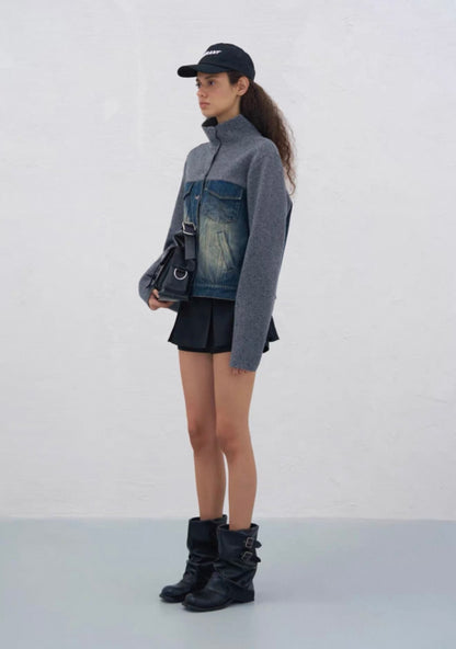 Jac Fleurant Denim Patchwork Knitted Stand-Collar Jacket