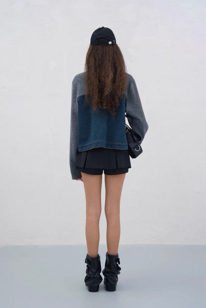 Jac Fleurant Denim Patchwork Knitted Stand-Collar Jacket