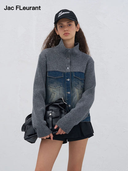 Jac Fleurant Denim Patchwork Knitted Stand-Collar Jacket