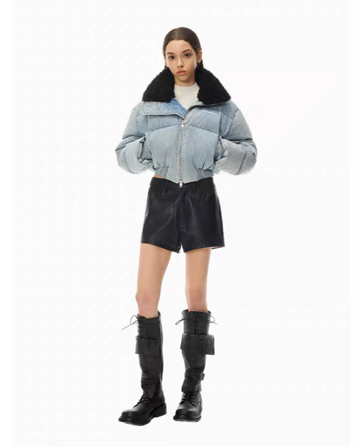 Ann Andelman Fur Collar Short Puff Jacket Denim Blue