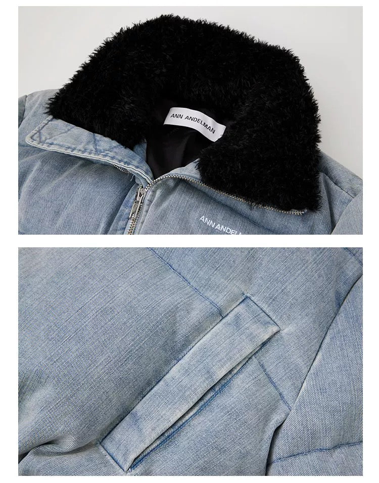 Ann Andelman Fur Collar Short Puff Jacket Denim Blue