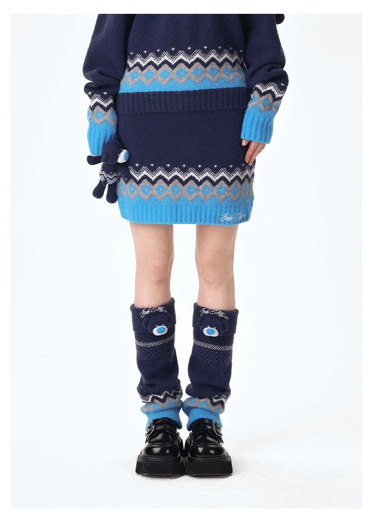 13DE MARZO Fair Isle Bear Knit Skirt Navy Blue