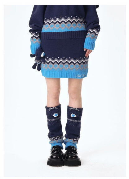 13DE MARZO Fair Isle Bear Knit Skirt Navy Blue