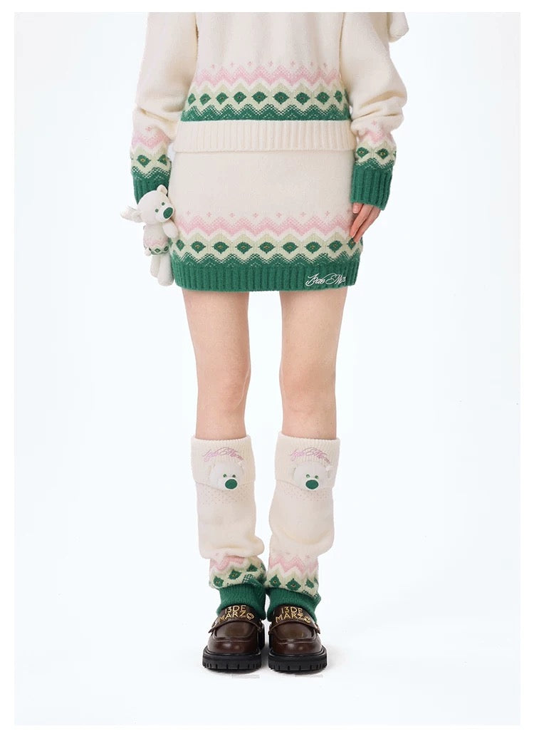 13DE MARZO Fair Isle Bear Knit Skirt Beige