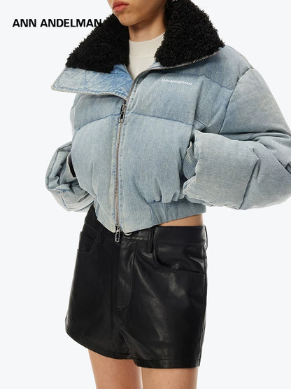 Ann Andelman Fur Collar Short Puff Jacket Denim Blue