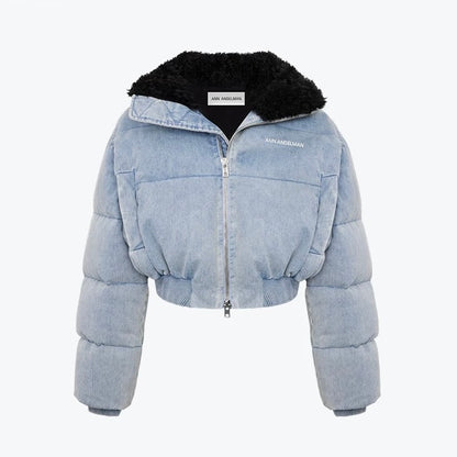 Ann Andelman Fur Collar Short Puff Jacket Denim Blue