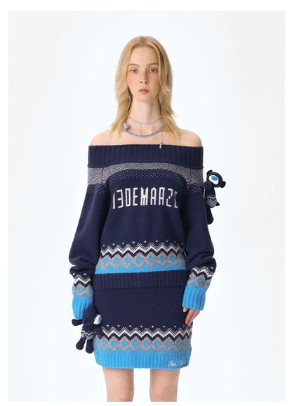 13DE MARZO Fair Isle Bear Off Shoulder Sweater Navy Blue
