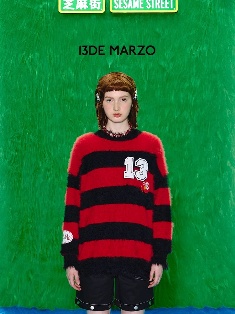13DE MARZO x SESAME STREET Elmo Bear Fur Stripe Sweater Hautered