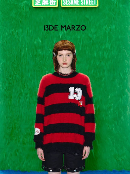 13DE MARZO x SESAME STREET Elmo Bear Fur Stripe Sweater Hautered