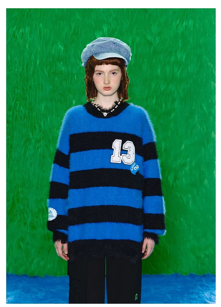 13DE MARZO x SESAME STREET Cookie Monster Bear Fur Stripe Sweater Dazzling Blue