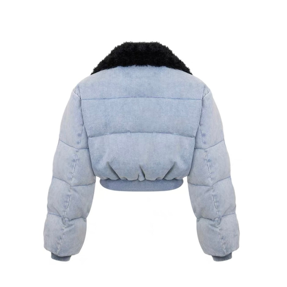 Ann Andelman Fur Collar Short Puff Jacket Denim Blue