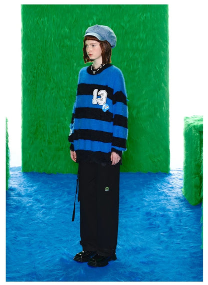 13DE MARZO x SESAME STREET Cookie Monster Bear Fur Stripe Sweater Dazzling Blue