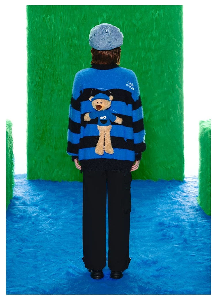 13DE MARZO x SESAME STREET Cookie Monster Bear Fur Stripe Sweater Dazzling Blue
