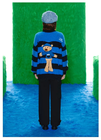 13DE MARZO x SESAME STREET Cookie Monster Bear Fur Stripe Sweater Dazzling Blue