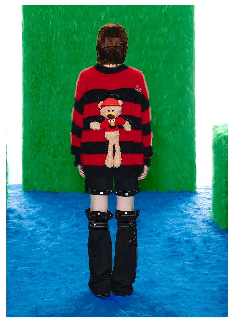 13DE MARZO x SESAME STREET Elmo Bear Fur Stripe Sweater Hautered