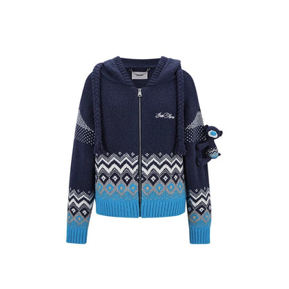 13DE MARZO Fair Isle Bear Cardigan Navy Blue