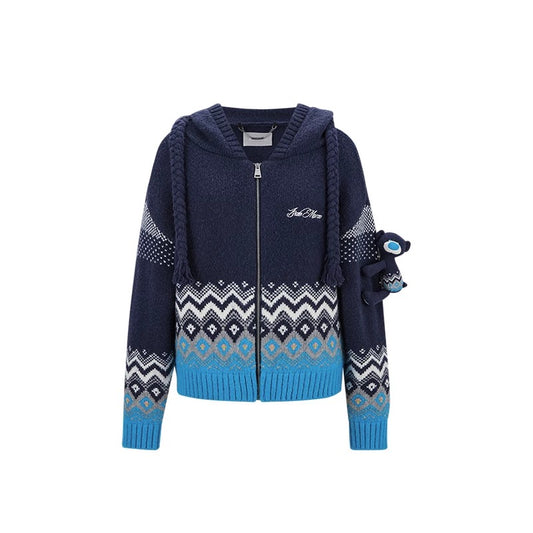 13DE MARZO Fair Isle Bear Cardigan Navy Blue