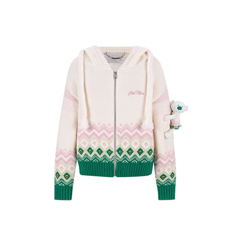 13DE MARZO Fair Isle Bear Cardigan Beige