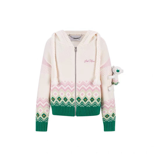 13DE MARZO Fair Isle Bear Cardigan Beige