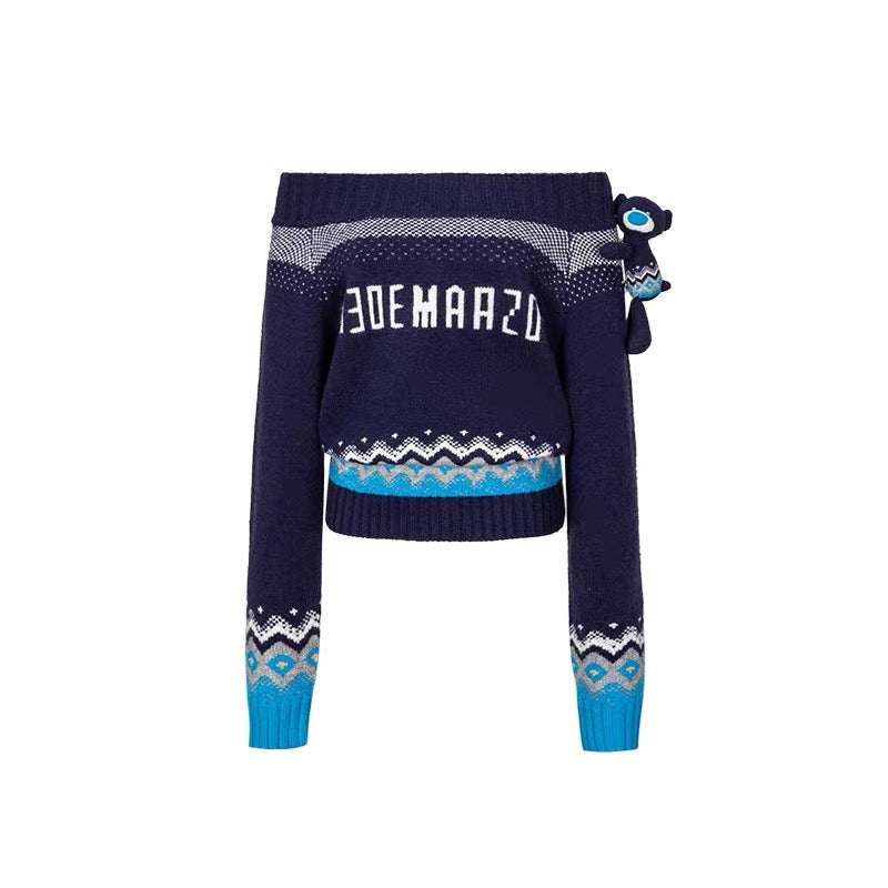 13DE MARZO Fair Isle Bear Off Shoulder Sweater Navy Blue