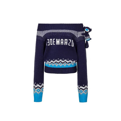 13DE MARZO Fair Isle Bear Off Shoulder Sweater Navy Blue