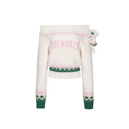 13DE MARZO Fair Isle Bear Off Shoulder Sweater Beige