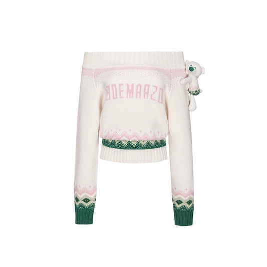 13DE MARZO Fair Isle Bear Off Shoulder Sweater Beige