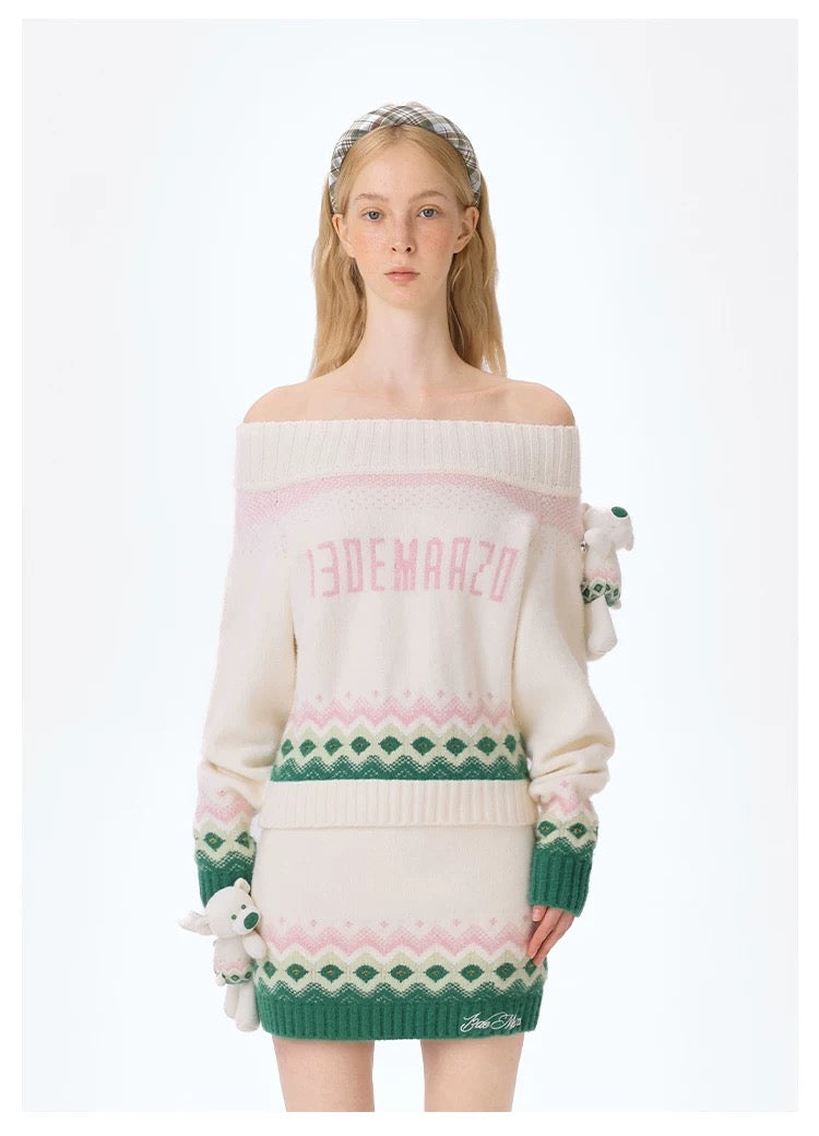 13DE MARZO Fair Isle Bear Off Shoulder Sweater Beige