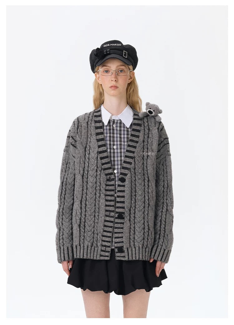 13DE MARZO Bear Yarn Weave Cardigan Dark Grey