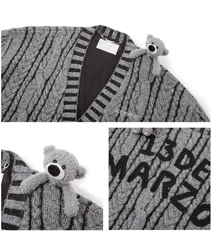 13DE MARZO Bear Yarn Weave Cardigan Dark Grey