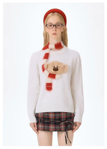13DE MARZO Bear Thin Scarf Sweater White