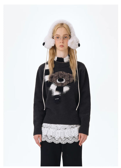 13DE MARZO Bear Thin Scarf Sweater Dark Grey