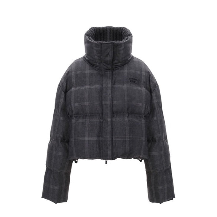 Concise-White Plaid Cropped Down Jacket
