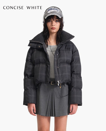 Concise-White Plaid Cropped Down Jacket