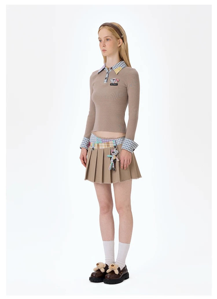 13DE MARZO Plaid Bear Patch Fit Skirt Khaki