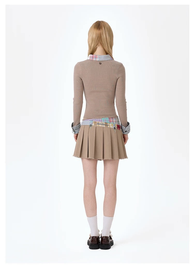 13DE MARZO Plaid Bear Patch Fit Skirt Khaki