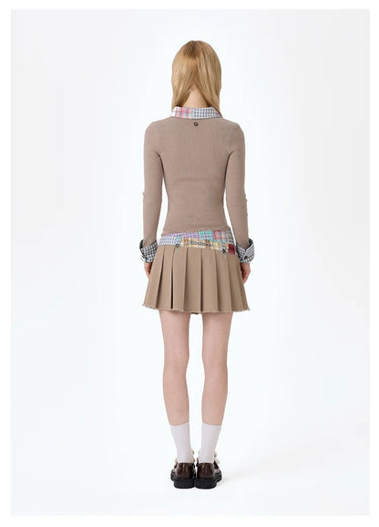 13DE MARZO Plaid Bear Patch Fit Skirt Khaki