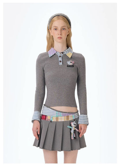 13DE MARZO Plaid Cuff Knit Polo Top Gray