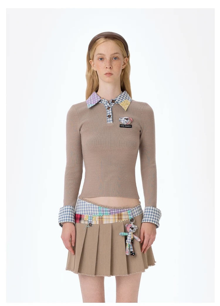 13DE MARZO Plaid Cuff Knit Polo Top Khaki