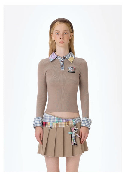 13DE MARZO Plaid Cuff Knit Polo Top Khaki