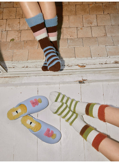 Tagi Warm Stripped Texture Cotton Socks Matcha Redbeans