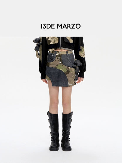 13DE MARZO Camo Denim Short Skirt Black