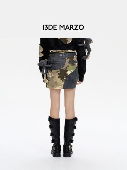 13DE MARZO Camo Denim Short Skirt Black