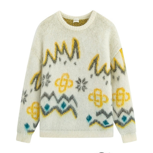 Charlie Luciano Geometric Pattern Crewneck Sweater Beige