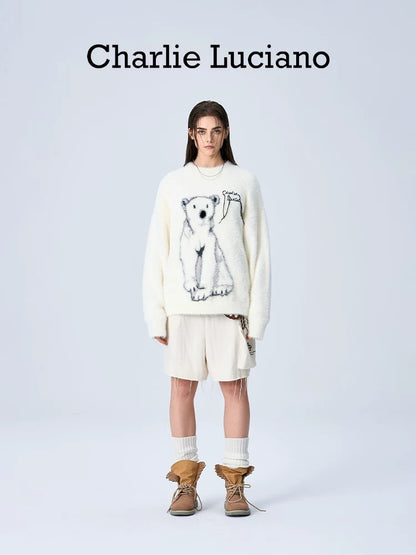 Charlie Luciano Polar Bear Crewneck Sweater White