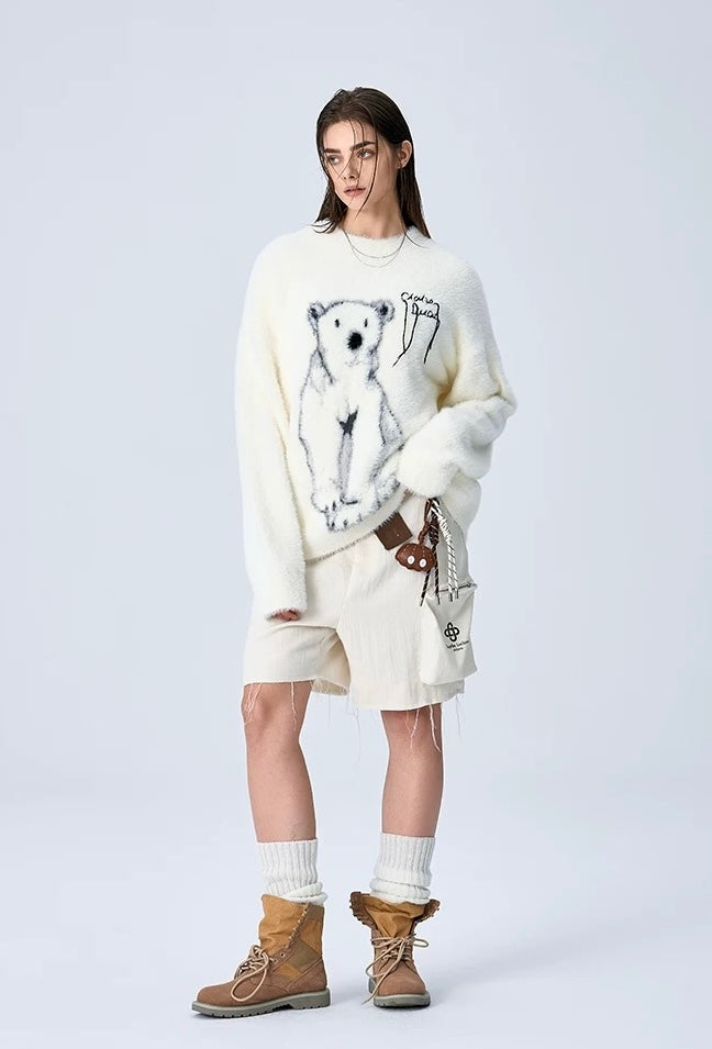 Charlie Luciano Polar Bear Crewneck Sweater White