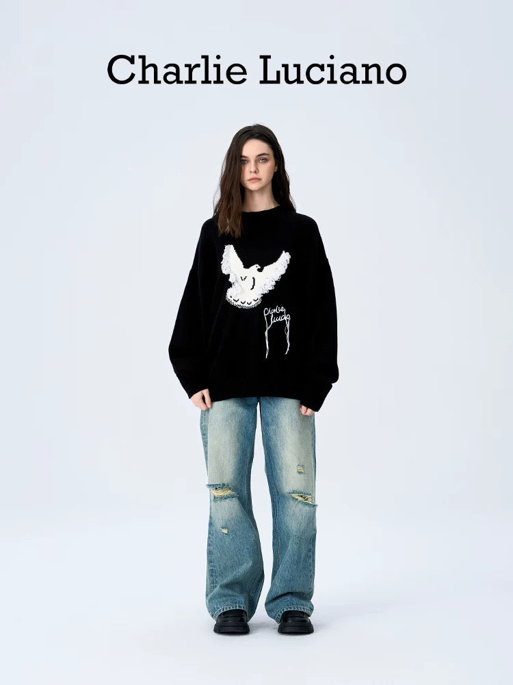 Charlie Luciano Dove of Peace Crewneck Sweater Black