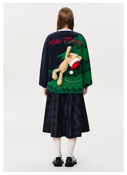 13DE MARZO Christmas Tree Bear Cardigan Green