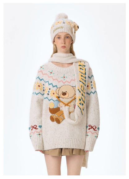 13DE MARZO Fair Isle Bear Knit Sweater White