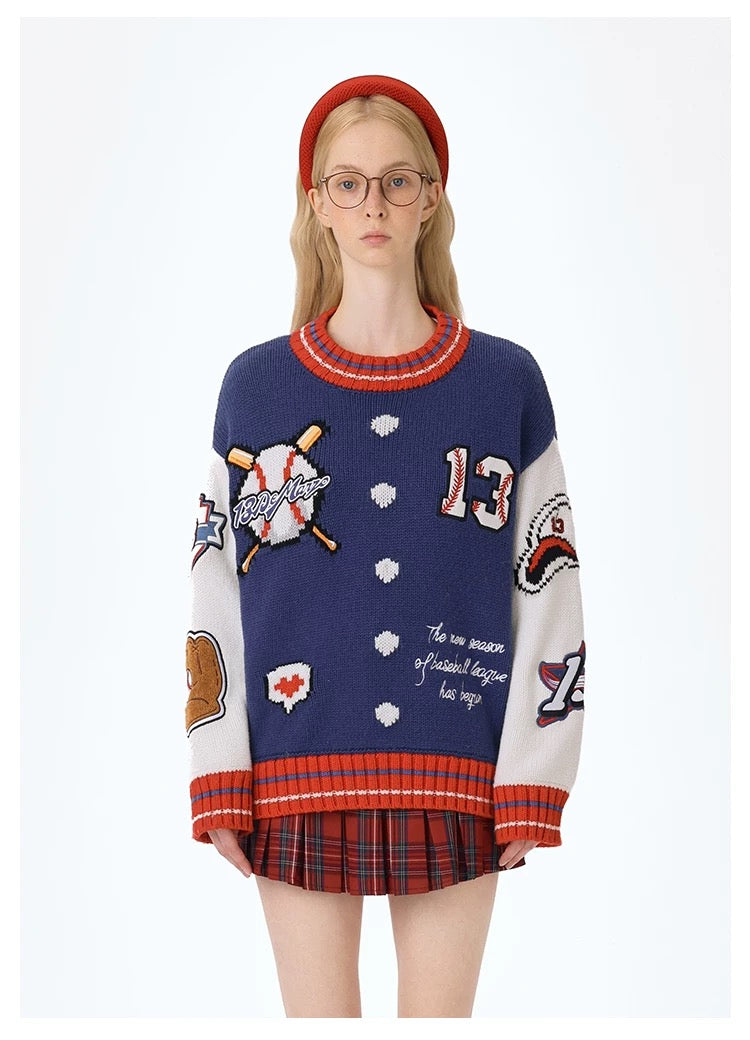 13DE MARZO Pixel Bear Baseball Sweater Blue